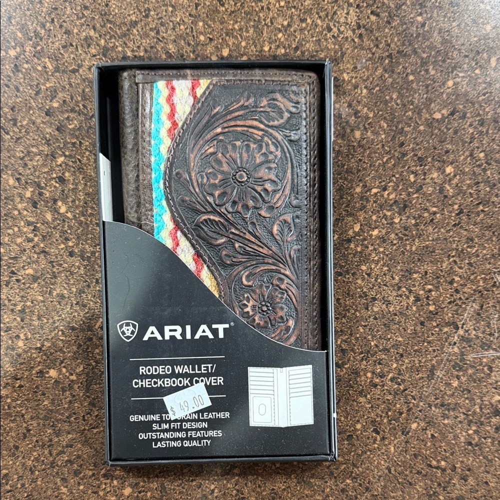 Ariat Brown Leather Wallet with Floral and Striped Design